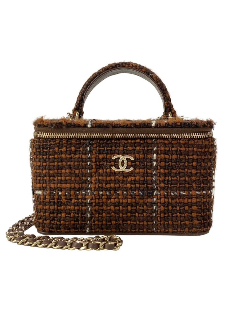 Chanel Matelasse Vanity Bag Tweed Lambskin Brown White 2-Way Chain Shoulder Gold